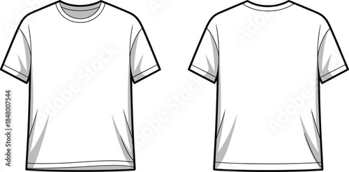 Basic unisex t shirt front and back flat sketch, fashion template outline for clothing design, cad drawing flat vector illustration