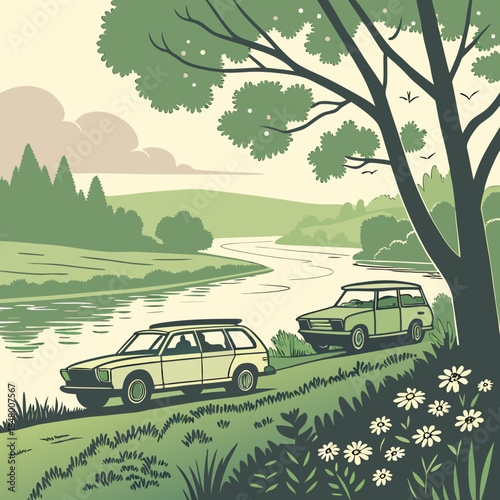 Green cars parked by river with tree and flowers vehicles