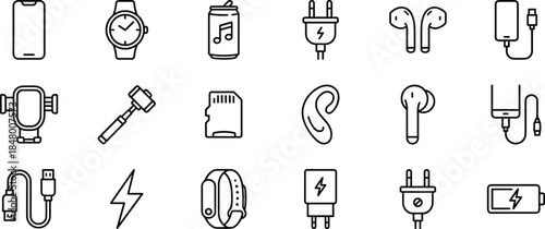 Collection of modern line-style electronic device, gadget accessory, charging equipment, and wearable technology icons designed for digital applications, mobile interfaces, and tech illustrations
