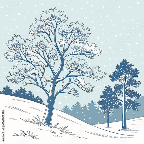 Snowy landscape with bare tree and snowfall winter