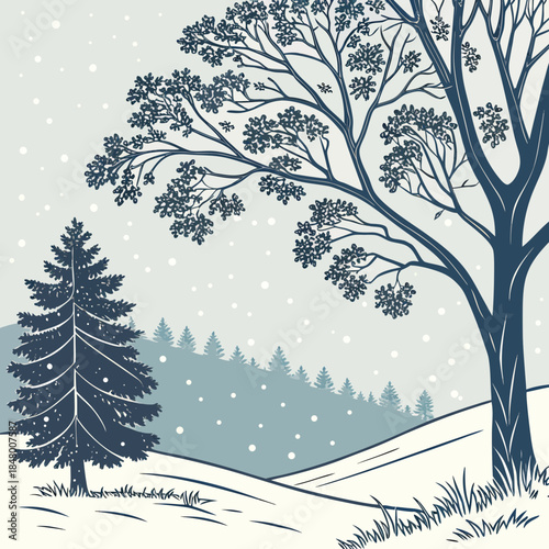 Snowy landscape with two trees and rolling hills pine tree