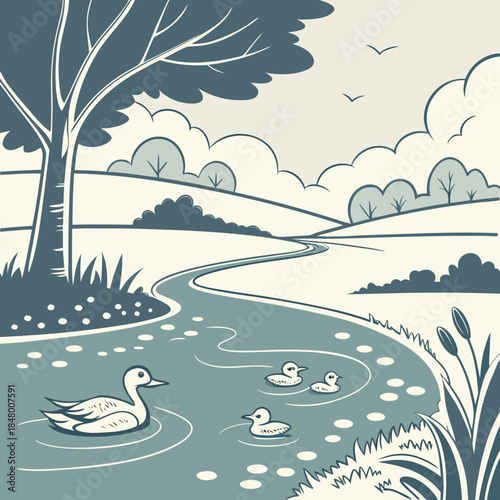 Ducks swimming in a winding river with trees and hills