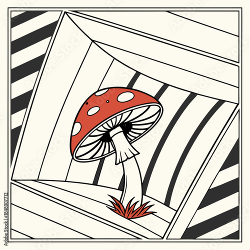 Red mushroom with white spots in geometric pattern
