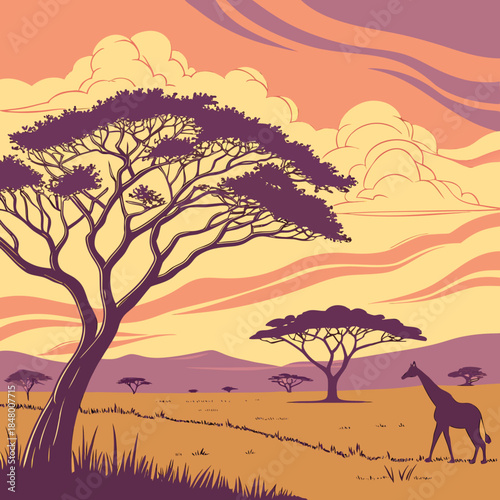 Savannah landscape with giraffe and acacia trees at sunset