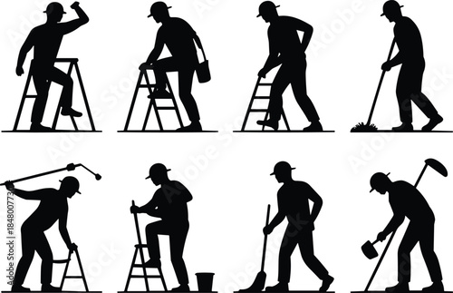 Silhouette of construction workers performing various tasks, laborers with tools, building maintenance, industrial work, teamwork, vector illustration design