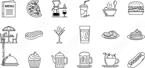 Minimal line art food and drink icons collection featuring restaurant meals, beverages, desserts, snacks, café elements, and modern culinary illustrations
