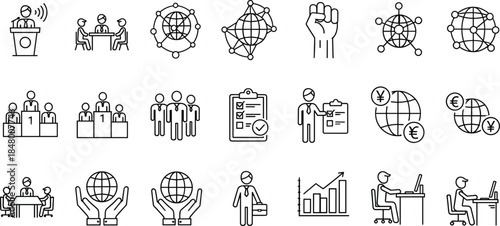 Business leadership, teamwork collaboration, global network communication, financial growth icons, professional office work and management symbol set for modern corporate design