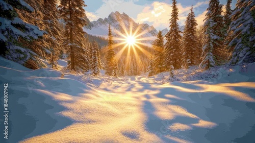 Winter sunbeams through snowy pines