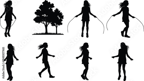 Silhouette of a girl jumping rope, outdoor exercise, fitness, childhood activity, healthy lifestyle, cardio workout, energy and movement illustration