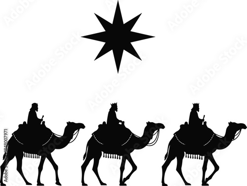 Silhouette illustration of three wise men riding camels following the Christmas star, traditional nativity scene design for holiday decoration artwork