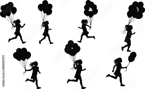 Silhouette of happy girls running with balloons, freedom and childhood joy, outdoor fun, playful motion, happiness and celebration concept illustration