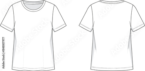 Basic short sleeve t-shirt front and back view, blank casual apparel template, white cotton top design, CAD drawing flat vector illustration