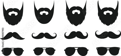 Beard mustache sunglasses silhouette vector set, hipster face elements illustration, barber shop design icons for fashion style artwork