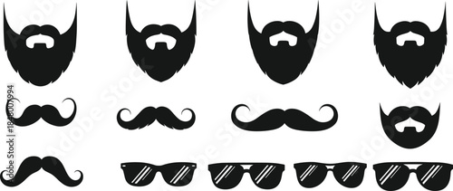 Beard mustache sunglasses silhouette vector set, hipster face elements illustration, barbershop fashion design icons for male grooming style
