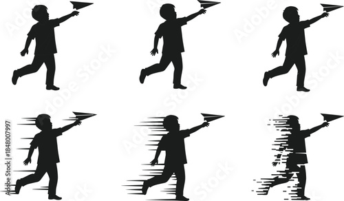Silhouette of boy running with paper airplane, motion effect, child play concept, imagination, creativity, freedom, childhood dream, vector illustration