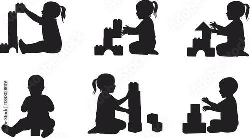 Silhouette of children playing with building blocks, early learning activity, creative kids constructing toy towers and educational playtime concept illustration