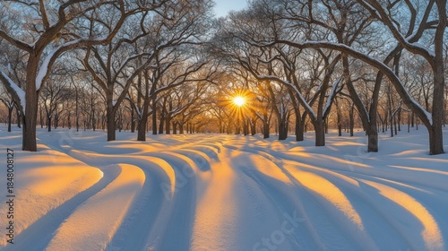 Winter sunbeams through snowy tree tunnel