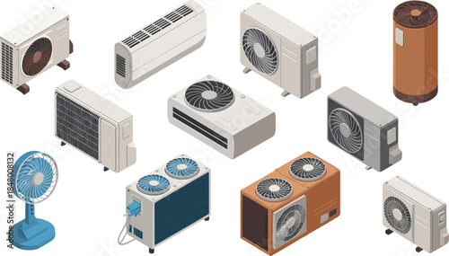 Isometric air conditioning and cooling devices set featuring HVAC units fans condensers, climate control equipment, ventilation technology, home appliance illustration