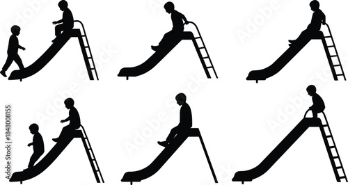 Silhouette of children climbing and sitting on playground slide, kids outdoor activity, childhood fun, recreation and playtime concept isolated on white background