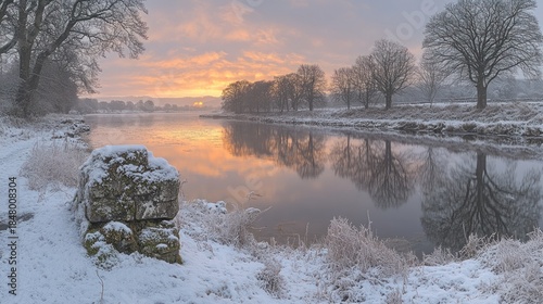 Winter sunrise over a frozen river, stone marker in frost