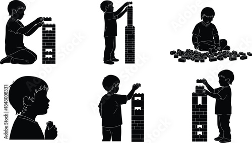 Silhouette of children playing with building blocks, creative learning activity, educational toy, imagination development, teamwork, childhood fun and growth concept