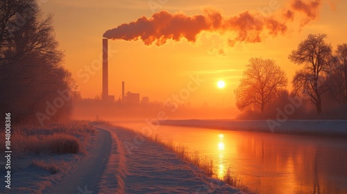 Winter sunrise over a river with a factory