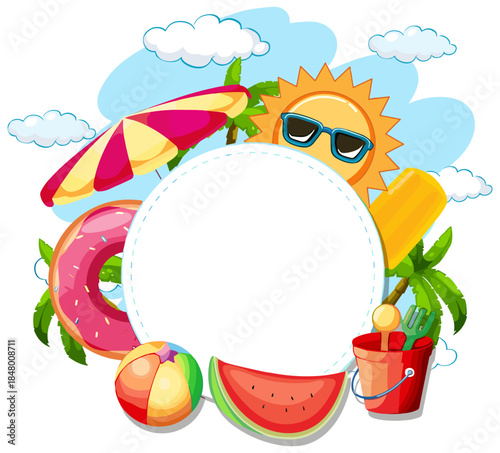 Colorful summer vacation vector illustration featuring a circular frame with copy space, surrounded by a smiling sun with sunglasses, beach umbrella, watermelon, donut ring, and sand toys