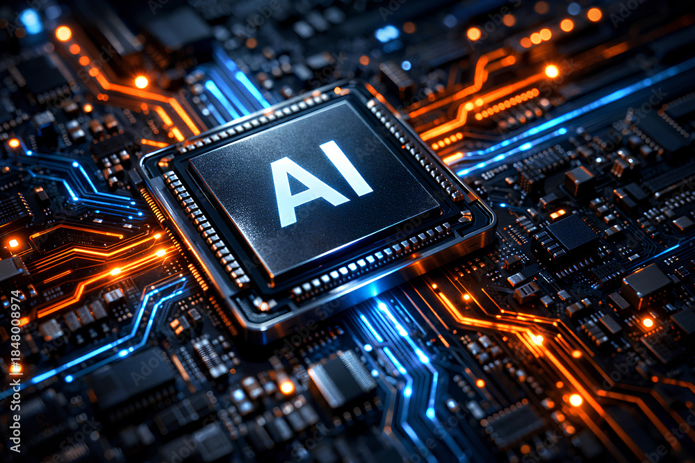 Obraz premium Artificial Intelligence Processor Chip on Futuristic Circuit Board with Glowing Data Pathways