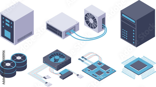 Isometric computer hardware components illustration set with servers power supplies cooling systems processors electronics technology infrastructure vector design
