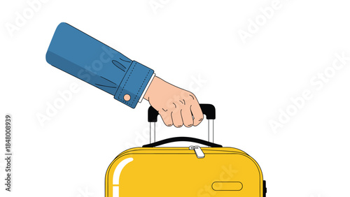 A person's hand firmly grips the handle of a bright yellow suitcase, suggesting travel or a journey is about to begin.