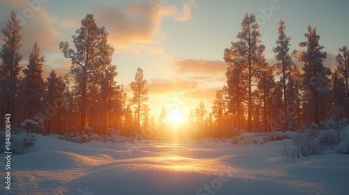 Winter sunset in a snow-covered forest