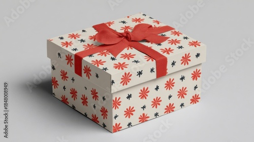 A decorative gift box adorned with a red ribbon and floral patterns, ideal for special occasions.
