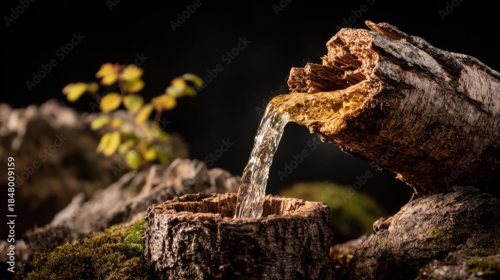 Fototapeta premium A close-up of water flowing from a hollowed log, surrounded by moss and greenery, creating a tranquil natural scene.