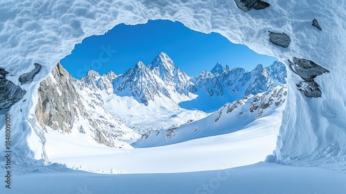 Winter wonderland view from a snowy cave