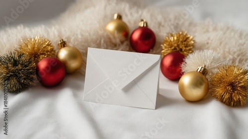 A festive envelope surrounded by colorful ornaments on a soft, textured background, evoking holiday cheer and warmth.