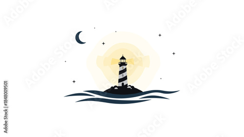 A serene lighthouse stands tall against a night sky, its beam illuminating the dark ocean waters and guiding ships safely to shore.