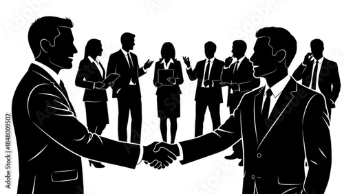 Businessmen shaking hands in front of colleagues in the background in black and white