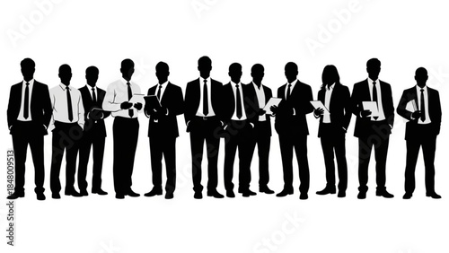 Silhouette of a group of businessmen standing in a row in formal wear