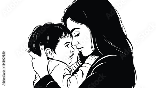 Tender black and white illustration of a mother lovingly holding her young child close