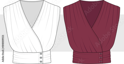 Women draped gathered sleeveless crop top, blouse. Fashion technical drawing, illustration. Cad, Mockup.
