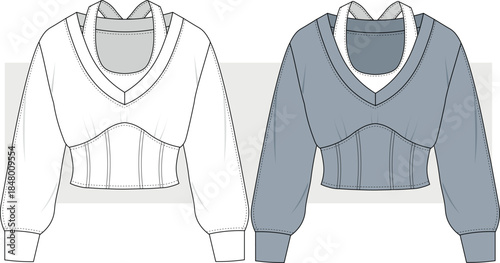 Women stylish sweatshirt with waist corset detail, illustration. Vector technical sketch, illustration, drawing, Cad, Mockup template.