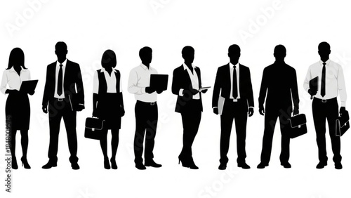 Silhouettes of business people standing in a row holding briefcases and laptops