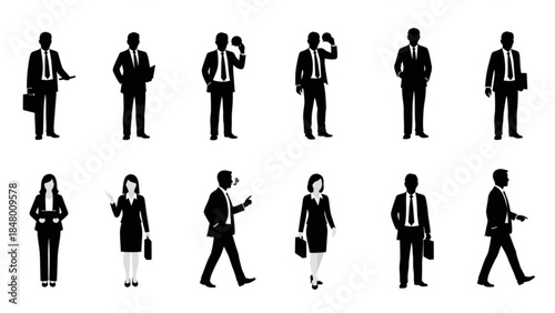Collection of business people silhouettes in various poses on