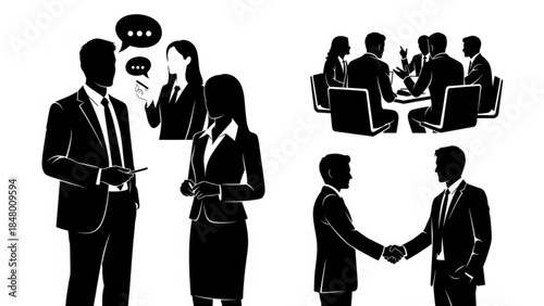 Black silhouettes of business people communicating and shaking hands