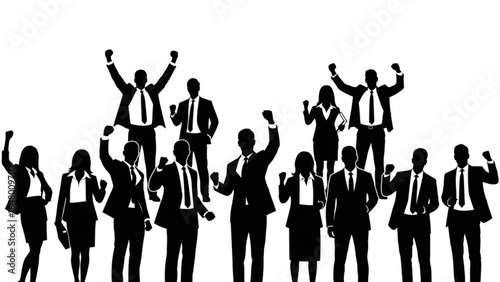 Silhouette of business people celebrating success in a corporate setting with team