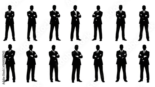 Collection of silhouettes of businessmen in various poses standing confidently