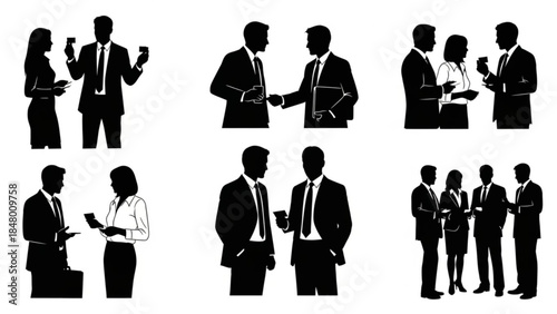 Silhouettes of business people in various professional interactions on