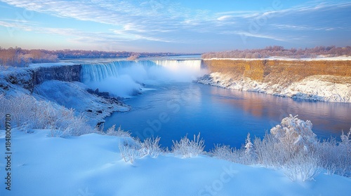 Winter's embrace of Niagara Falls.  Frozen spray, snow-covered cliffs, brilliant blue water