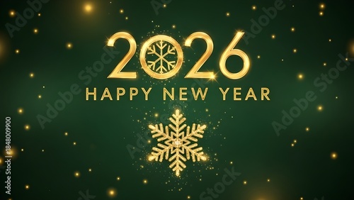 Elegant Gold 2026 Happy New Year with Snowflake on Green Background - Luxury Holiday Greeting Card Design