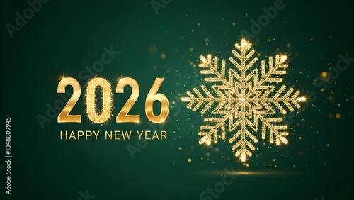 Elegant Gold 2026 Happy New Year with Snowflake on Green Background - Luxury Holiday Greeting Card Design